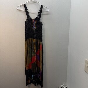 Rising International Smocked Boho Patchwork Dress Floral Applique Sz L Y2K